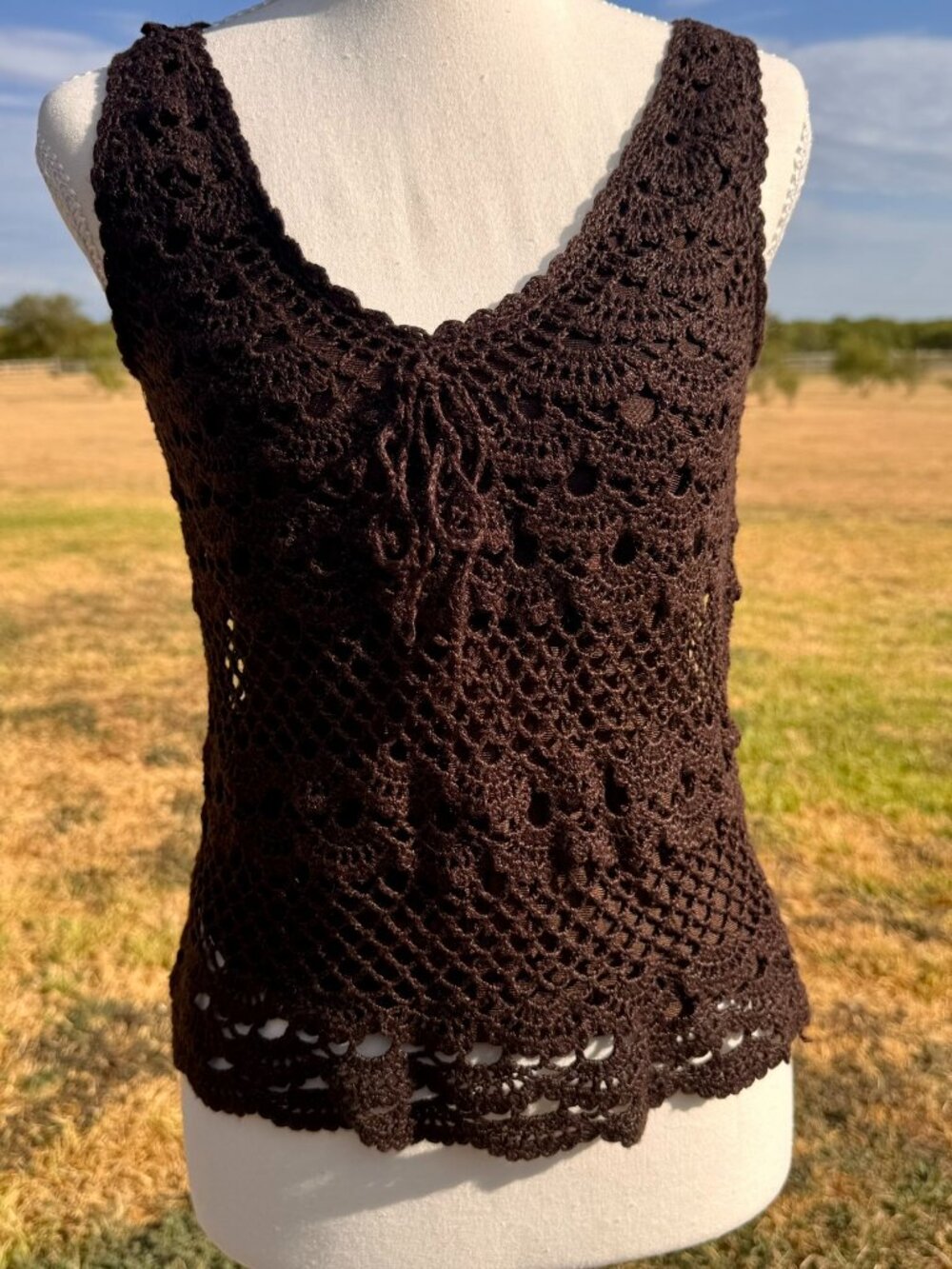 Spiegel (Vintage) Rich Brown crochet top, lined, Small